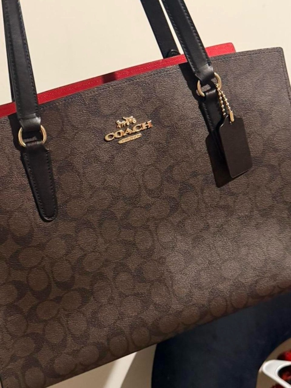 Coach Brown Signature Canvas Tote with Red Trim and Black Straps